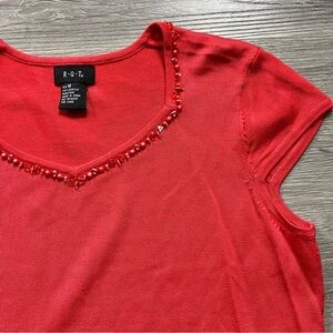 Women's Pink Beaded Neckline Knit Top with Cap Sleeves